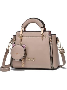Women’s Beige Top-Handle Satchel with Cat Charm
